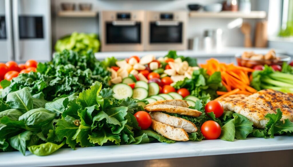 A visually appealing salad bar showcasing a variety of fresh, affordable, and nutritious ingredients. In the foreground, an assortment of leafy greens, including spinach, kale, and romaine lettuce, are neatly arranged. Middle ground features colorful toppings such as cherry tomatoes, sliced cucumbers, shredded carrots, and grilled chicken breast. The background showcases a clean, bright, and modern kitchen setting with stainless steel appliances and natural lighting, creating a welcoming and appetizing atmosphere. The overall composition conveys a sense of balance, healthiness, and accessibility, reflecting the "Affordable and Healthy Salad Choices" theme.