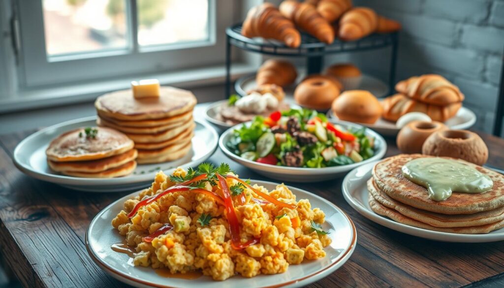 A visually appealing spread of diverse vegan brunch dishes, meticulously arranged on a rustic wooden table. In the foreground, a platter of fluffy scrambled tofu garnished with fresh herbs, accompanied by a stack of golden-brown vegan pancakes drizzled with maple syrup. In the middle ground, a vibrant salad featuring a colorful array of roasted vegetables, quinoa, and a creamy avocado dressing. In the background, a selection of freshly baked vegan pastries, including flaky croissants and muffins, set against a window that allows natural light to stream in, creating a warm and inviting atmosphere. The overall scene conveys a sense of health, sophistication, and culinary innovation, perfectly capturing the essence of a delectable vegan brunch.
