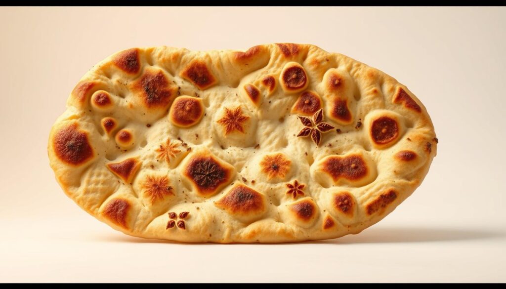 A visually striking and innovative naan bread, with a unique shape and texture. The naan has a golden-brown, crisp exterior, with intricate, interwoven patterns and designs that add visual interest. The interior is soft, fluffy, and steaming hot, with a subtle blend of traditional spices. The naan is presented against a minimalist, clean background, lit by warm, natural lighting that accentuates the bread's artisanal details. The overall composition evokes a sense of culinary craftsmanship and a modern, elevated interpretation of a classic Indian staple.