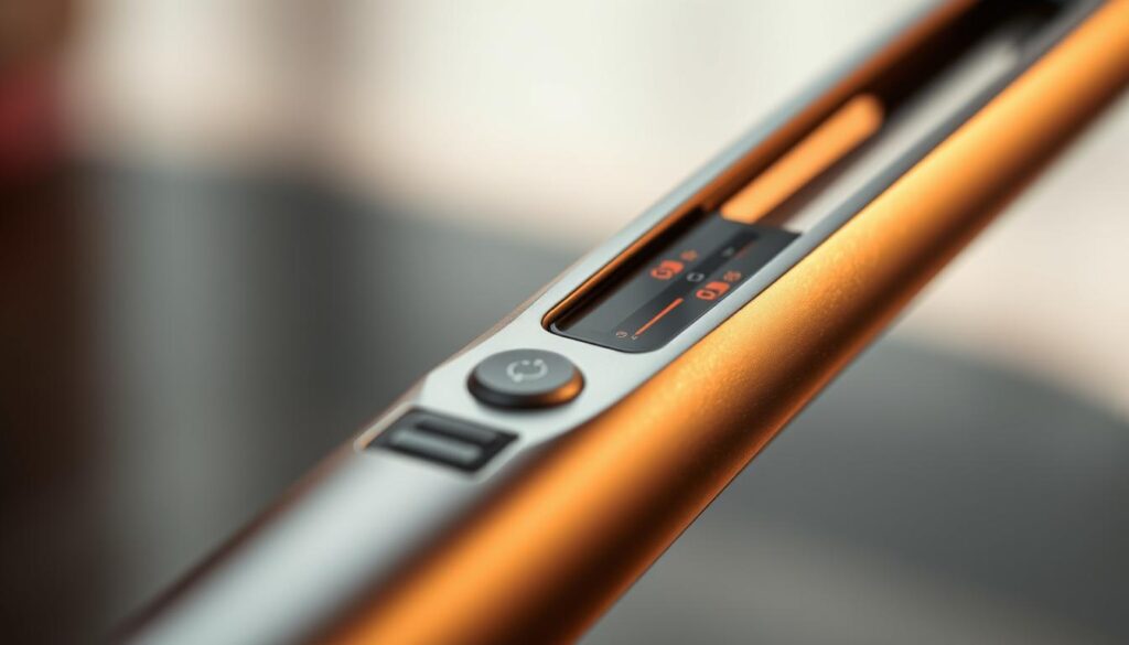 A visually striking close-up image of the key features of a high-quality hair straightener. Positioned in the foreground, the sleek metal body gleams under soft, directional lighting, highlighting its smooth, durable construction. The adjustable temperature controls and digital display are prominently featured, conveying the straightener's advanced functionality. In the middle ground, the polished ceramic plates shimmer, suggesting their efficient heat transfer and gentle glide through hair. The background is softly blurred, allowing the straightener's essential components to be the center of attention. The overall mood is modern, professional, and focused on the straightener's key practical attributes.