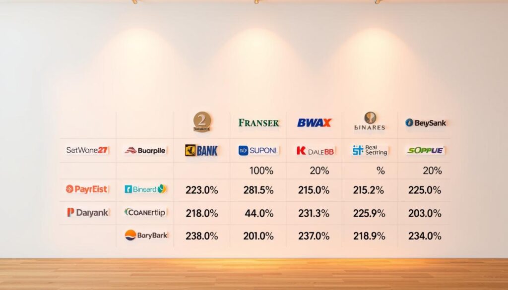A visually striking comparison of top bank fixed deposit offers in Singapore for 2023. Set against a clean, minimalist backdrop, the image features a neatly arranged grid of sleek, modern bank logos and corresponding interest rate percentages. The layout is crisp and balanced, with a sophisticated, professional feel. Warm, directional lighting accentuates the metallic and glass textures of the bank branding, creating a sense of depth and clarity. The overall composition conveys a sense of financial stability, transparency, and the ability to make an informed decision about the best fixed deposit rates.