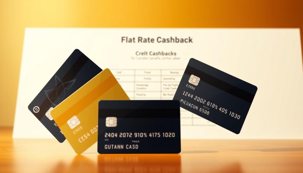 A visually striking illustration of flat-rate cashback comparison, captured in a sleek and modern style. The foreground features a trio of credit cards arranged in a dynamic, overlapping layout, each card showcasing a distinct flat-rate cashback percentage prominently displayed. The middle ground depicts a neatly organized table or infographic, highlighting the key details and benefits of these flat-rate cashback offerings. The background is a minimalist, gradient-based design, subtly complementing the overall aesthetic and directing the viewer's focus to the central elements. Warm lighting and a shallow depth of field create a sense of depth and emphasis, resulting in a visually compelling and informative image.