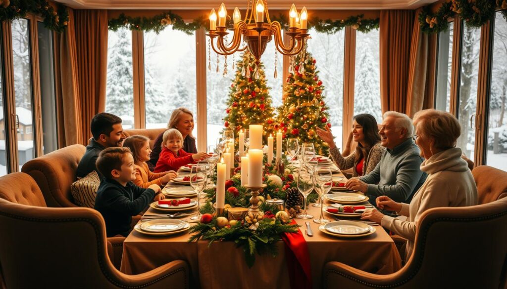 A warm, inviting Christmas dining scene with a large family gathered around a richly decorated table, set with festive dishes, sparkling glassware, and lush greenery. The room is bathed in a soft, golden glow from overhead chandeliers, casting a cozy, intimate atmosphere. Children laugh and chatter as parents smile and converse, creating a sense of joyful togetherness. The décor features traditional holiday elements like red, green, and metallics, blending seamlessly with the modern, elegant setting. The composition emphasizes the central table, framed by plush armchairs and a backdrop of large windows overlooking a winter wonderland outside.