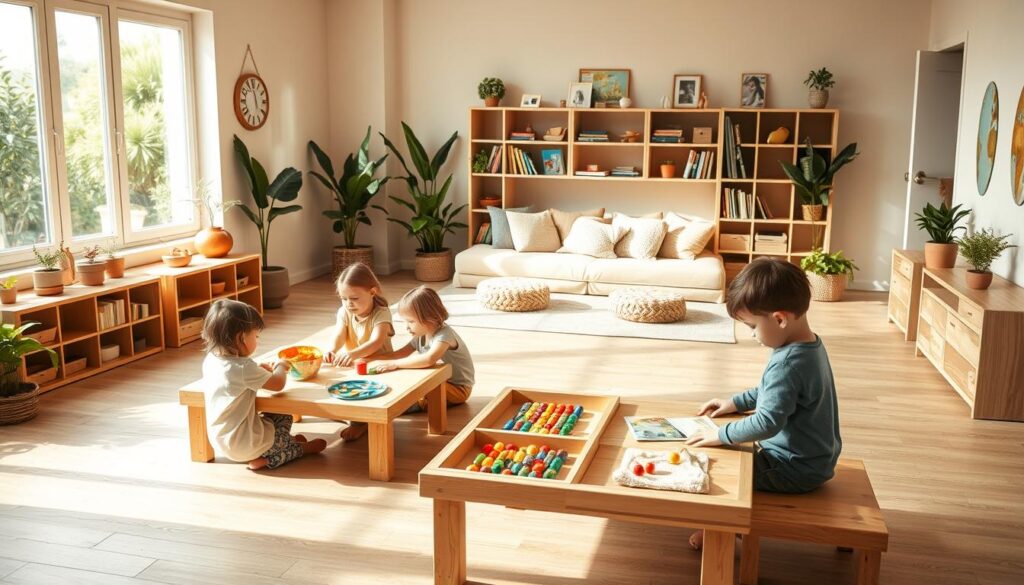 A warm, inviting Montessori learning environment with natural lighting filtering through large windows. In the foreground, a group of young children engaged in hands-on activities at low, child-sized wooden tables and shelves, exploring sensory materials and educational toys. The middle ground showcases a cozy reading nook with plush cushions and a diverse selection of books. The background features natural elements like potted plants, earthy tones, and a calming color palette, creating a nurturing, homelike atmosphere conducive to independent exploration and discovery. The overall composition captures the Montessori philosophy of promoting self-directed learning through a carefully prepared environment.
