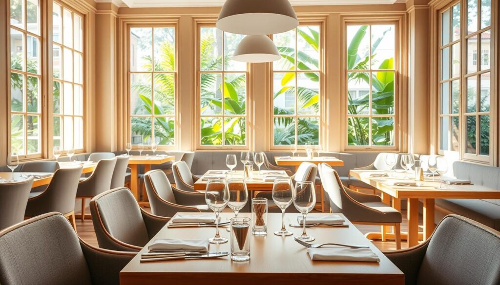 A warm, inviting Scandinavian dining room set within a beautifully preserved colonial-era building in Singapore. Sunlight streams through large windows, casting a soft, natural glow over the minimalist, elegant furnishings - blonde wood tables, plush gray upholstered chairs, and sleek pendant lighting. In the foreground, a meticulously laid table with crisp white linens, gleaming silverware, and delicate Nordic-inspired tableware. The background features lush greenery visible through the windows, hinting at the tropical setting outside. An atmosphere of refined sophistication and cultural fusion, perfectly capturing the Zén dining experience.