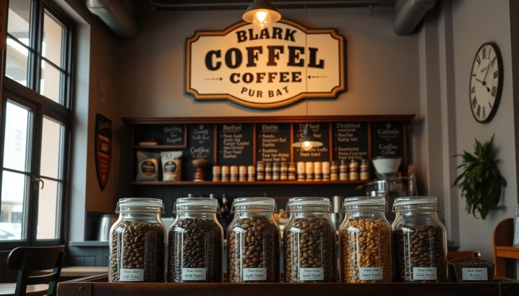A warm, inviting cafe interior with a prominent display of freshly roasted coffee beans, neatly arranged in glass jars. The cafe's branding and signage feature a vintage, artisanal aesthetic, hinting at the establishment's heritage. Muted lighting creates a cozy ambiance, while large windows allow natural light to filter in, casting a soft glow on the cafe's timeless decor. The focus is on the high-quality coffee beans, their rich colors and textures taking center stage, conveying the cafe's commitment to specialty coffee and its legacy of flavor. A warm, inviting cafe interior with a prominent display of freshly roasted coffee beans, neatly arranged in glass jars. The cafe's branding and signage feature a vintage, artisanal aesthetic, hinting at the establishment's heritage. Muted lighting creates a cozy ambiance, while large windows allow natural light to filter in, casting a soft glow on the cafe's timeless decor. The focus is on the high-quality coffee beans, their rich colors and textures taking center stage, conveying the cafe's commitment to specialty coffee and its legacy of flavor.