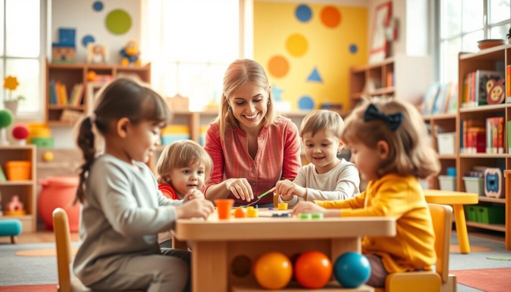 A warm, inviting classroom with vibrant primary colors and playful shapes. In the foreground, a group of young children engaged in hands-on learning activities, their faces alight with curiosity and joy. The middle ground features a teacher guiding them, her expression kind and encouraging. Shelves of educational toys and books line the walls, creating a stimulating environment. Soft, natural lighting filters in through large windows, casting a gentle glow across the scene. The overall atmosphere conveys a sense of nurturing, exploration, and the fostering of confident, independent learners.