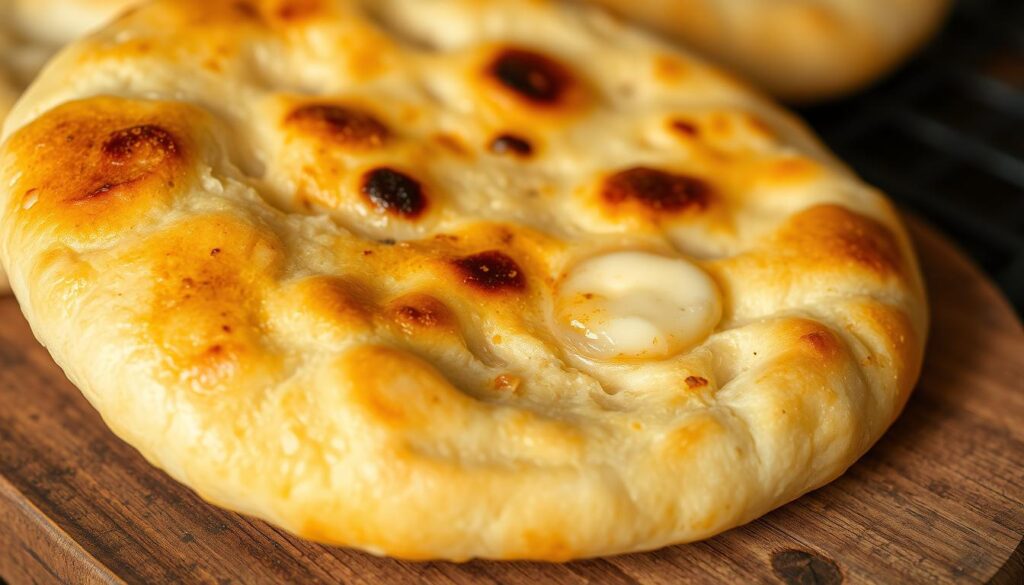 A warm, inviting close-up of a freshly baked Bukit Timah garlic naan, golden-brown and glistening, resting on a rustic wooden surface. The naan's fluffy, pillowy texture is accentuated by the delicate swirls of garlic butter melting into its crevices. Soft, diffused lighting casts a cozy glow, highlighting the naan's tempting aroma and the subtle charred spots that lend it a delightful flavor. The image conveys the comforting, homemade quality of this local specialty, ready to be savored in a cozy Bukit Timah eatery.