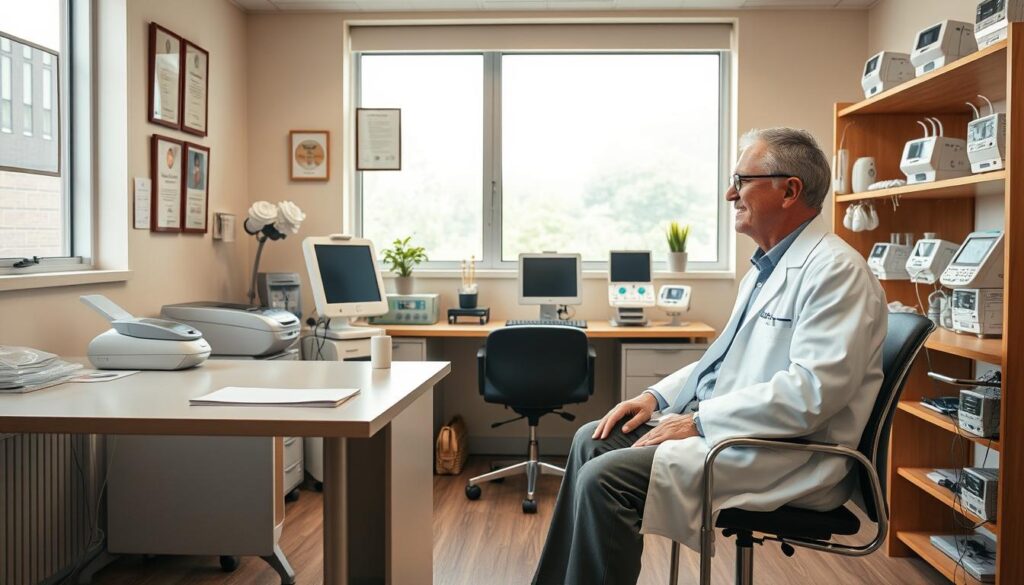 A warm, inviting medical office interior with a desk, chairs, and medical equipment. The patient is sitting comfortably, engaged in conversation with a cardiologist wearing a white coat. Soft, natural lighting filters through large windows, creating a calming atmosphere. The walls display framed certifications and medical imagery. An array of diagnostic tools and devices are neatly organized on shelves, conveying a sense of professionalism and care. The overall scene radiates trust, empathy, and the expertise needed to put the patient at ease during their first cardiology appointment in Singapore.