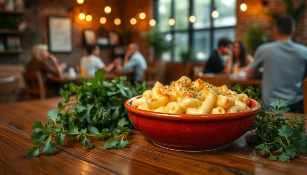 A warm, inviting plate of creamy mac and cheese sits atop a rustic wooden table, surrounded by vibrant greens and fresh herbs. The cheese is gooey and golden, with a light crust on top, beckoning to be savored. In the background, a cozy cafe setting comes into focus, with exposed brick walls, string lights, and the chatter of patrons who have gathered to enjoy this comforting dish with a social conscience. The lighting is soft and natural, highlighting the texture and depth of the mac and cheese, while the overall atmosphere conveys a sense of community and purpose.