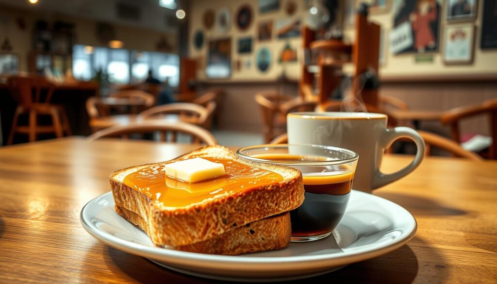 A warm, inviting scene of a traditional Singaporean kaya toast set against a backdrop of a cozy coffee shop. In the foreground, a plate showcases two slices of golden-brown toast, topped with a thick layer of luscious, glistening kaya (coconut jam) and a pat of creamy butter. Beside the toast, a steaming cup of rich, aromatic coffee emits wisps of steam. The middle ground features the bustling cafe, with wooden tables and chairs, and the walls adorned with vintage decor, creating a nostalgic, homely atmosphere. The lighting is soft and diffused, casting a gentle glow over the scene, evoking a sense of comfort and familiarity. The angle is slightly elevated, capturing the scene from a perspective that invites the viewer to imagine themselves sitting at the table, savoring the classic Singaporean breakfast.