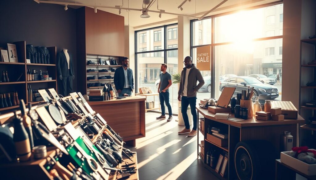 A warm, sun-drenched scene of a Father's Day sale in a modern, minimalist home goods store. In the foreground, a well-stocked display of discounted gadgets, tools, and grooming products catches the eye, bathed in soft, natural lighting. The middle ground features a sleek, wooden checkout counter and stylish mannequins modeling trendy casual wear. In the background, large windows overlook a bustling city street, creating an atmosphere of urban sophistication. The overall mood is one of contemporary style, quality craftsmanship, and thoughtful gift-giving, inviting shoppers to treat their fathers to an exceptional Father's Day experience.