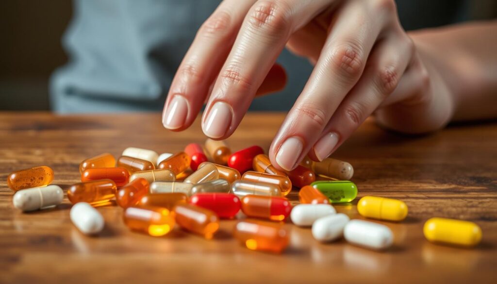 A warm-toned, close-up photograph of a person's hand carefully arranging colorful probiotic capsules and tablets on a wooden surface. The capsules are translucent and reveal the live cultures inside. The background is slightly blurred, creating a sense of focus on the hands and the probiotics. The lighting is soft and natural, highlighting the textures and colors of the probiotics. The overall mood is one of care, attention, and the importance of maximizing the benefits of these health-promoting supplements.