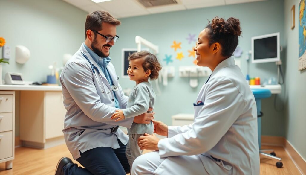 A warmly lit, well-equipped pediatric examination room. In the foreground, a friendly, experienced pediatrician kneeling beside a young patient, gently examining them with a reassuring smile. The middle ground features state-of-the-art medical equipment, including a child-sized examination table and a collection of specialized pediatric tools. The background showcases soothing, colorful wall decor designed to put young patients at ease. The overall scene conveys a sense of professionalism, expertise, and genuine care for the well-being of children.
