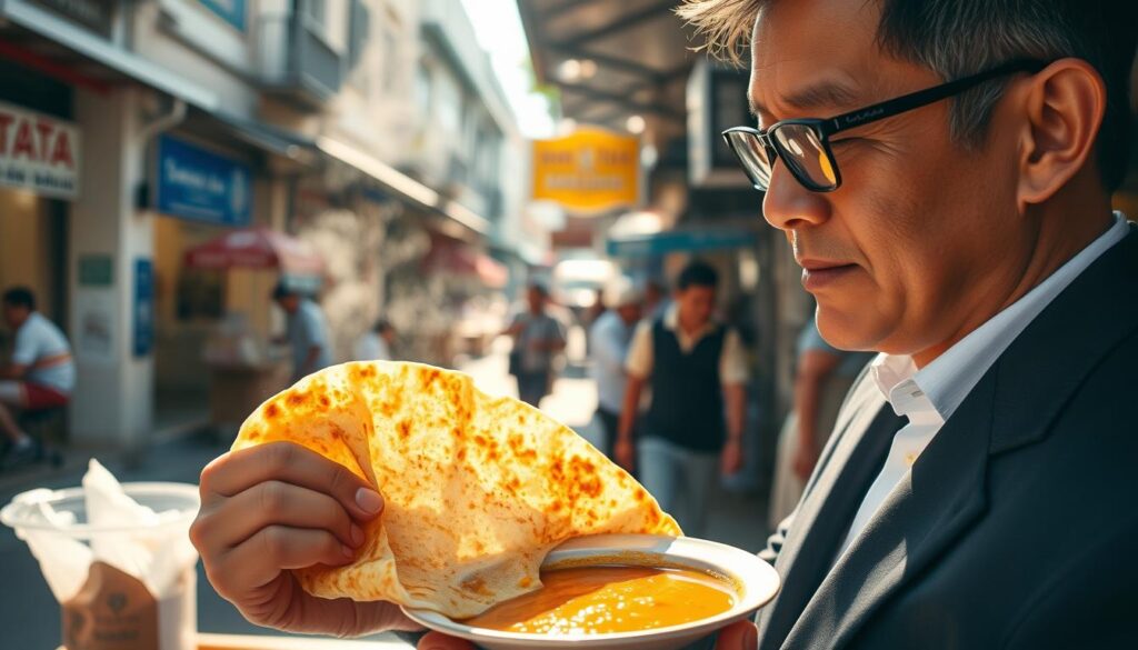 A well-dressed local enjoying a freshly made roti prata on a bustling Singaporean street. The crisp golden-brown prata is steaming hot, its layers delicately folded and crisped to perfection. The diner savors each bite, dipping the prata into a pool of fragrant curry sauce. Bright sunlight filters through the surrounding shophouses, casting a warm glow on the scene. The air is filled with the aroma of spices and the lively chatter of nearby vendors. A sense of contentment and authentic local experience emanates from the image.
