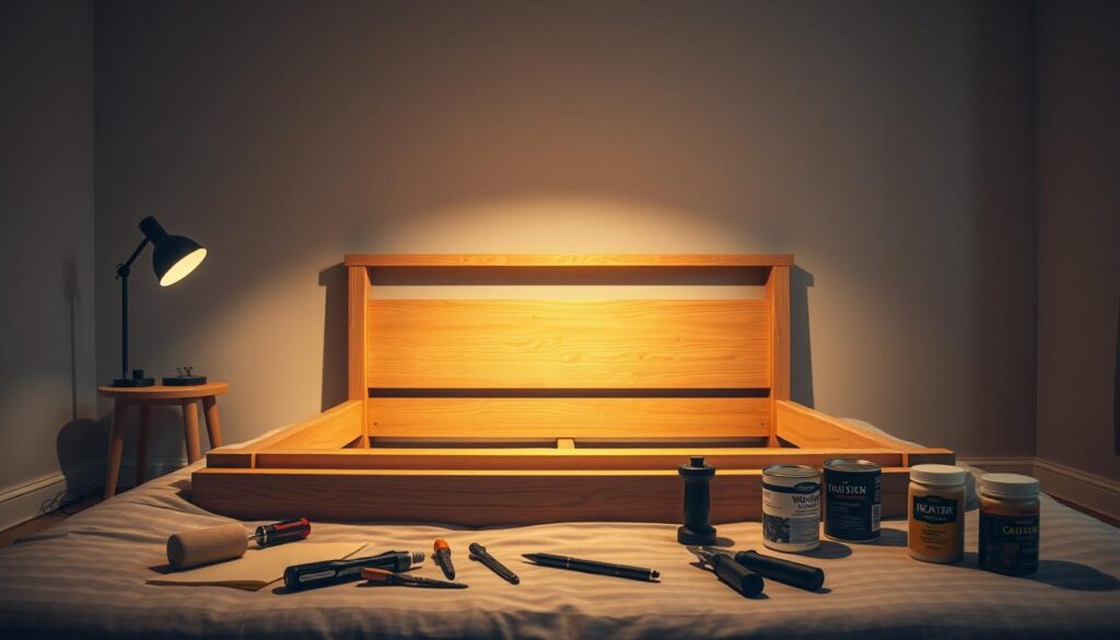 A well-lit and meticulously detailed bedroom scene, showcasing a wooden bed frame undergoing maintenance. The frame is positioned in the center, with a variety of tools and supplies laid out neatly around it, including a screwdriver, pliers, sandpaper, and a can of wood polish. Soft, warm lighting from a bedside lamp illuminates the scene, casting gentle shadows and highlighting the intricate grain of the wood. The background is a serene, neutral-toned wall, allowing the bed frame and maintenance items to take center stage. The overall atmosphere conveys a sense of focused attention and care, reflecting the importance of proper bed frame upkeep.