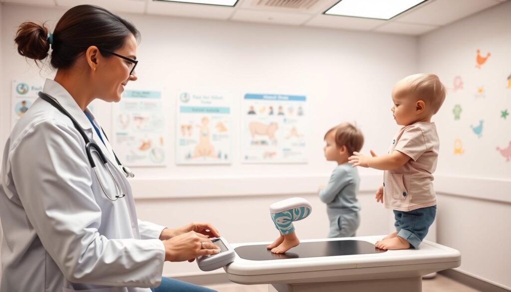 A well-lit clinical examination room, with a child-friendly atmosphere. In the foreground, a pediatrician conducts a thorough growth and development assessment, measuring the child's height, weight, and other vital signs on a modern digital scale. In the middle ground, educational charts and diagrams illustrate key developmental milestones, while the background features soothing pastel colors and playful wall decals, creating a welcoming, nurturing environment. The lighting is soft and natural, highlighting the pediatrician's attentive care and the child's sense of comfort and security. The overall scene conveys the expertise and professionalism of the leading pediatricians, as they diligently monitor the child's progress and provide personalized guidance to ensure optimal growth and development.