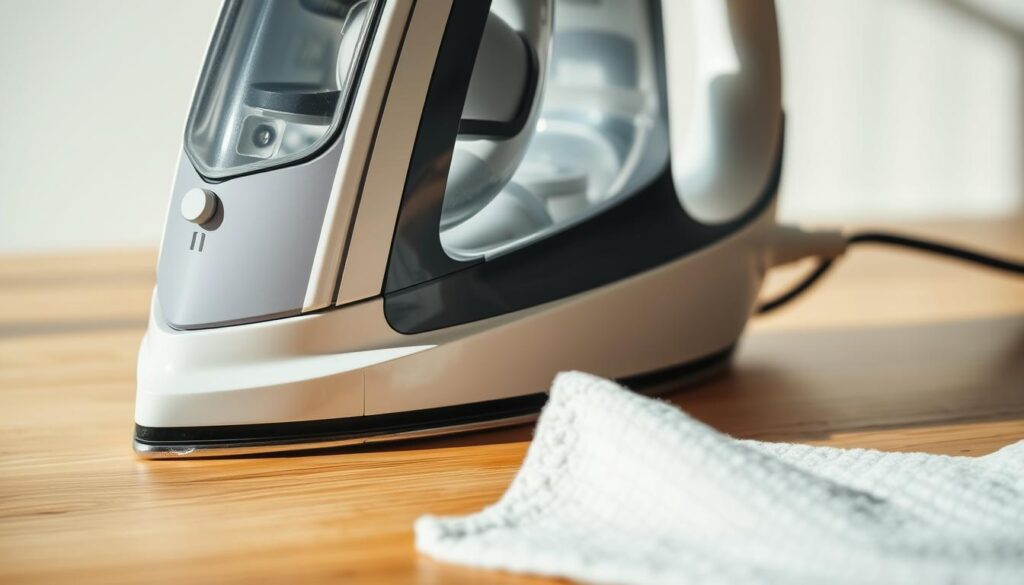 A well-lit, close-up image of a steam iron on a wooden surface, with a crisp, clean focus. The iron is positioned diagonally, revealing its intricate details, such as the water tank, temperature dial, and steam vents. In the foreground, a soft cloth or sponge is placed next to the iron, suggesting ongoing maintenance. The background is slightly blurred, creating a sense of depth and emphasis on the iron itself. The lighting is natural and diffused, casting gentle shadows that accentuate the iron's contours. The overall mood is one of attention to detail and care for the household appliance.