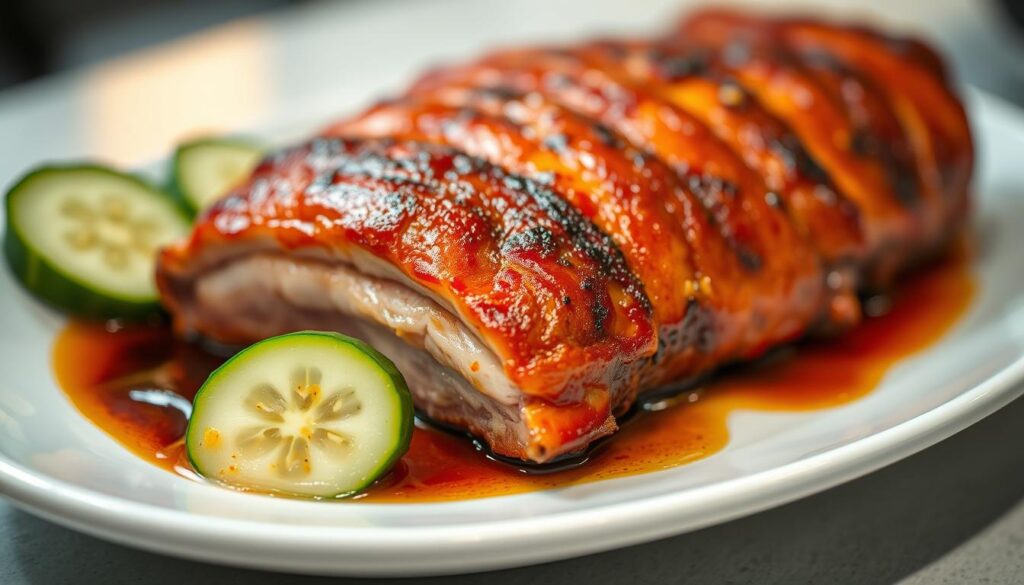 A well-lit close-up shot of a perfectly charred, glistening Cantonese roast pork belly with a golden, crackly skin and tender, juicy meat. The pork is artfully arranged on a white plate, showcasing its mouthwatering layers of fat and lean. Complementing the pork are slices of fresh cucumber and a drizzle of sweet soy sauce, creating a harmonious visual and flavor profile. The scene is set against a softly blurred background, drawing the viewer's full attention to the star of the dish - the heritage Cantonese roast pork from the renowned Lee Hong Kee in Tiong Bahru.