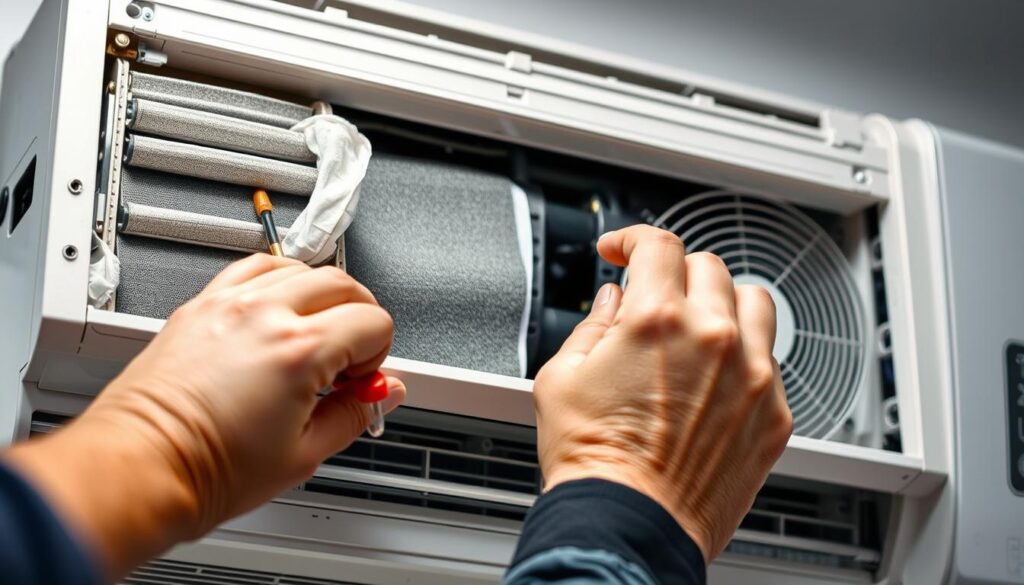 A well-lit, close-up view of the step-by-step aircon servicing process, captured with a high-resolution camera. The foreground showcases the intricate components being cleaned and inspected, such as the air filters, coils, and fans. The middle ground highlights the technician's hands meticulously performing the various servicing tasks, using specialized tools. The background features a clean, modern aircon unit, providing context and emphasizing the professional nature of the service. The overall scene conveys a sense of attention to detail, efficiency, and care, reflecting the reliable and affordable aircon servicing expertise.