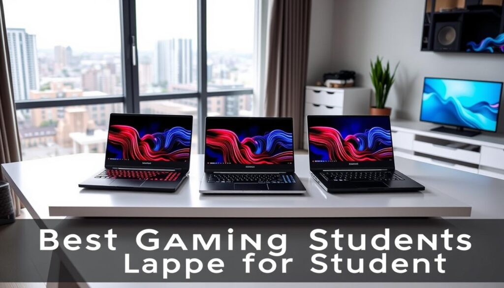 A well-lit, contemporary home office scene featuring three gaming laptops arranged neatly on a sleek, minimalist desk. The laptops are displayed prominently, showcasing their slim, modern designs and vibrant displays. The background features a large window overlooking a scenic urban landscape, bathing the room in soft, natural light. The overall atmosphere is one of productivity and inspiration, highlighting the laptops' suitability for student use. The image conveys a sense of sophistication and technological prowess, making it an ideal visual representation for the "Best Gaming Laptops for Students" section.