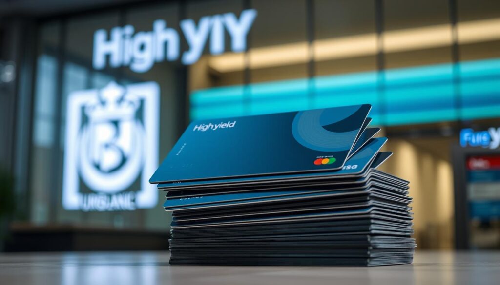 A well-lit, crisp image showcasing a stack of high-yield savings account cards in the foreground, with a blurred bank building or financial institution logo in the background. The cards should have a sleek, modern design and convey a sense of stability and reliability. The lighting should be soft and directional, creating shadows and highlights that accentuate the cards' details. The overall mood should be professional, trustworthy, and inviting, reflecting the best high-yield savings account options available in Singapore.