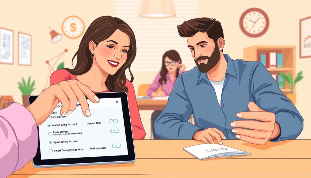 A well-lit, detailed illustration of a couple carefully reviewing various options and features for opening a joint bank account. The foreground depicts their hands pointing at a tablet or laptop screen, with different account options and settings displayed. The middle ground shows the couple sitting at a table, engaged in discussion. The background features a warm, calming office or home setting, with subtle financial motifs like calculators or graph charts on the walls. The overall atmosphere conveys a sense of thoughtful consideration and collaboration as the couple makes an informed decision about their joint financial management.