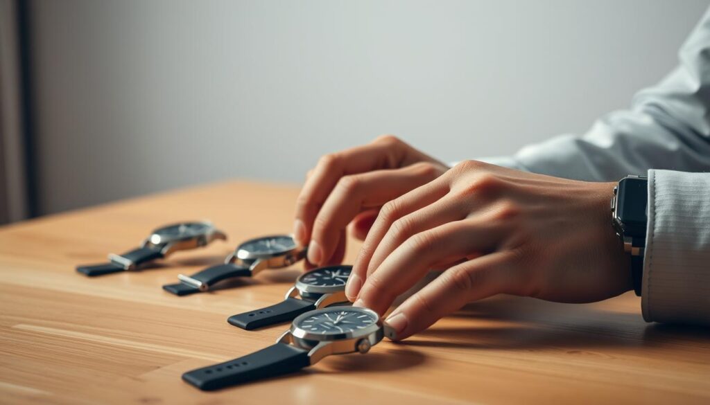 A well-lit, detailed shot of a person's hands thoughtfully examining a selection of high-quality analog watches on a minimalist wooden table. The foreground showcases the watches in close-up, with the hands carefully turning each timepiece to inspect the design, materials, and craftsmanship. The middle ground provides a sense of the person's surroundings, with a clean, uncluttered background that keeps the focus on the watches. Soft, warm lighting casts a refined, contemplative mood, inviting the viewer to appreciate the art of choosing the perfect watch to complement one's style and personality.