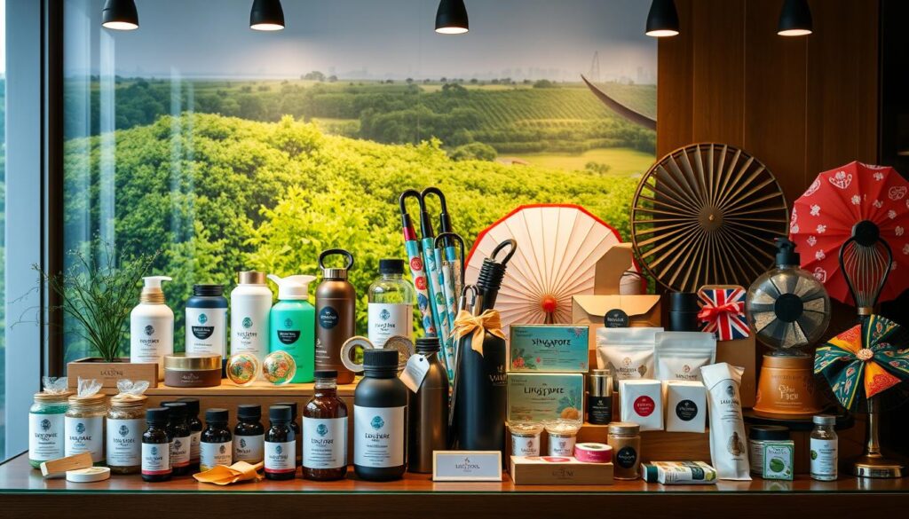 A well-lit display showcasing an assortment of practical souvenirs from Singapore. In the foreground, a selection of health and wellness items such as aromatic essential oils, herbal teas, and natural skincare products. In the middle ground, a collection of functional everyday items like reusable water bottles, foldable umbrellas, and portable fans, all featuring iconic Singaporean designs. The background depicts a serene landscape with lush greenery, hinting at the country's vibrant natural beauty. The overall scene conveys a sense of thoughtfulness, sustainability, and the perfect balance between form and function, reflecting the cosmopolitan yet eco-conscious spirit of Singapore.