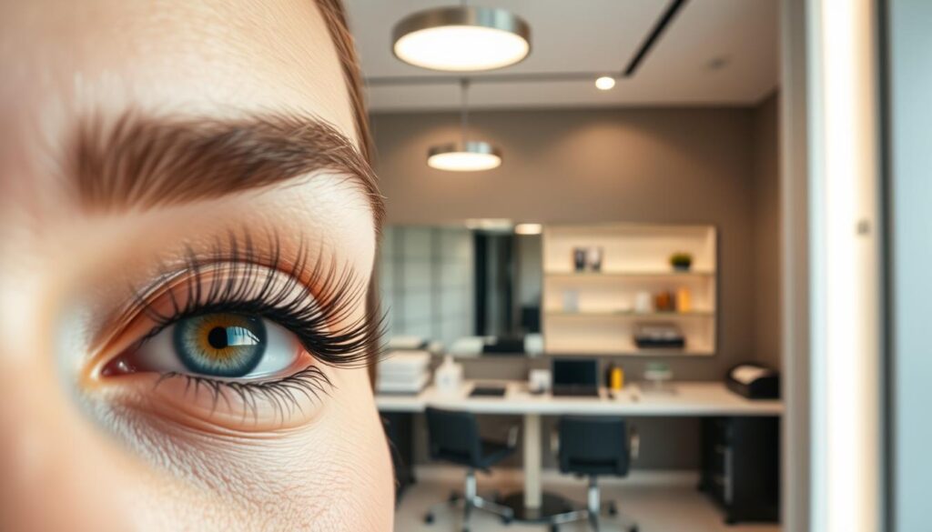 A well-lit eyelash studio with sophisticated, modern decor. The foreground features a close-up of a model's eyes, showcasing delicately curled lashes of exceptional quality - long, thick, and perfectly fanned out. The middle ground shows the studio's workspace, complete with professional-grade lash extension tools and supplies neatly arranged. The background depicts a minimalist, yet elegant ambiance, with soft lighting, clean lines, and a neutral color palette that exudes a sense of tranquility and excellence.