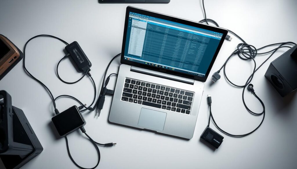 A well-lit, high-angle shot of a desk setup with a modern laptop undergoing performance testing. The laptop is the central focus, with various cables, diagnostic tools, and a spreadsheet of test results displayed on the screen. The desk surface is clutter-free, with a minimalist aesthetic that emphasizes the technical nature of the task. Soft shadows and even lighting create a professional, clinical atmosphere, suggesting a thoughtful, methodical approach to evaluating the laptop's capabilities. The overall composition conveys a sense of expertise and attention to detail in the laptop selection process.