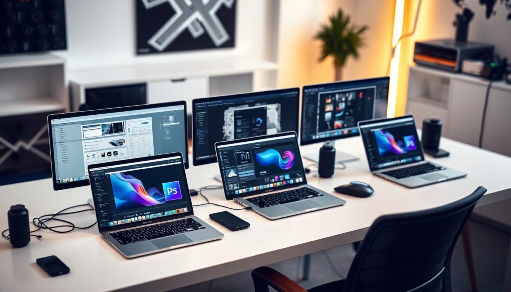 A well-lit, high-angle shot of a modern, minimalist creative workstation featuring an array of sleek, high-performance laptops. The laptops are arranged in a visually appealing, symmetrical layout, their screens displaying a variety of design software and creative applications. The workspace is clutter-free, with a clean, white desk and a subtle, ambient lighting setup that casts a warm, productive glow. The background is blurred, emphasizing the laptops as the focal point, conveying a sense of focus and professionalism. The overall atmosphere is one of creativity, efficiency, and technological sophistication.