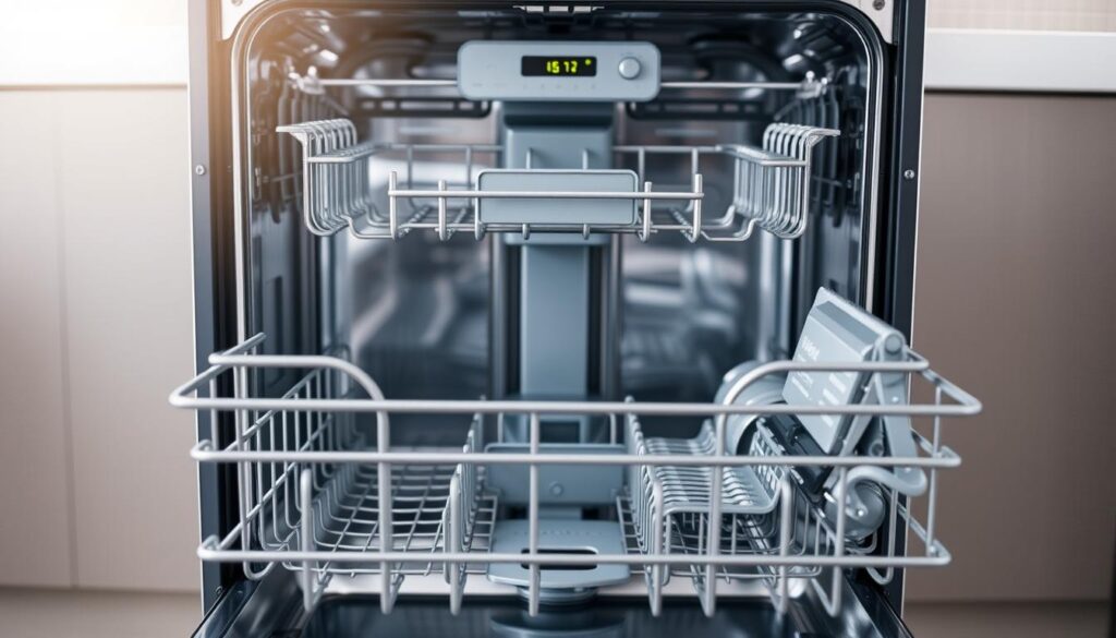 A well-lit, high-angle view of a modern, stainless steel dishwasher, with its door open to reveal the various features and components inside. The foreground showcases the adjustable racks, silverware baskets, and water jets, while the middle ground highlights the control panel with its digital display, buttons, and knobs. The background gently blurs out to emphasize the sleek, minimalist design of the appliance, conveying a sense of efficiency and practicality. The lighting is bright and even, casting a clean, professional atmosphere, and the camera's angle allows for a comprehensive, detailed view of the dishwasher's key features.