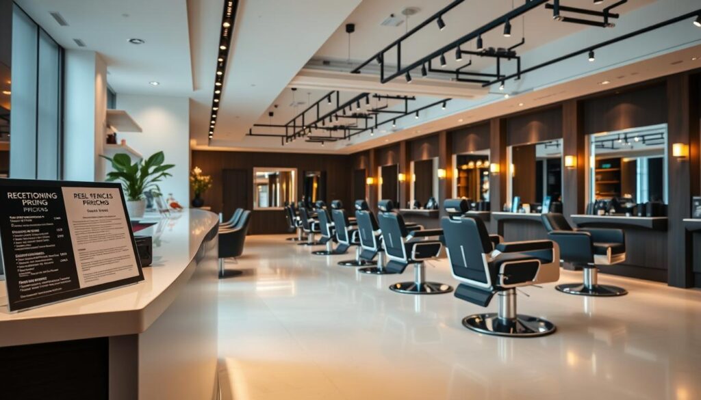 A well-lit, high-quality image showcasing a modern men's hair salon interior. The foreground features an elegantly designed reception desk with a minimalist aesthetic, displaying clear pricing information for various grooming services. In the middle ground, stylish barber chairs and styling stations are arranged in a clean, organized layout. The background showcases the salon's sophisticated ambiance, with warm lighting, sleek fixtures, and subtle, tasteful decor elements that evoke a premium, upscale atmosphere. The overall composition conveys a sense of professionalism, attention to detail, and a focus on providing clients with a premium grooming experience.