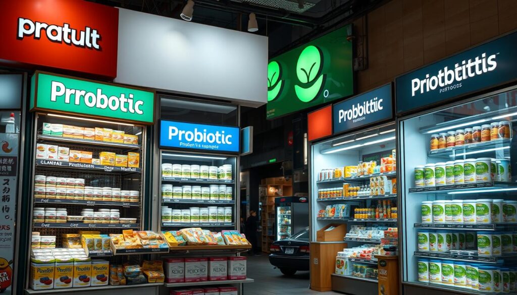 A well-lit, high-quality photograph of a diverse range of probiotic retail stores and online shops, showcasing their wide selection of probiotic supplements, yogurt, and fermented foods. The storefront displays should be visually appealing, with clean, modern designs and clear branding. The scene should convey a sense of professionalism, health-consciousness, and consumer trust. Capture the stores from a mid-level perspective, with a shallow depth of field to highlight the products while maintaining a clear view of the overall retail environment. The lighting should be natural and balanced, creating a warm, inviting atmosphere. The background should feature a bustling urban setting, suggesting the accessibility and convenience of these probiotic retailers.