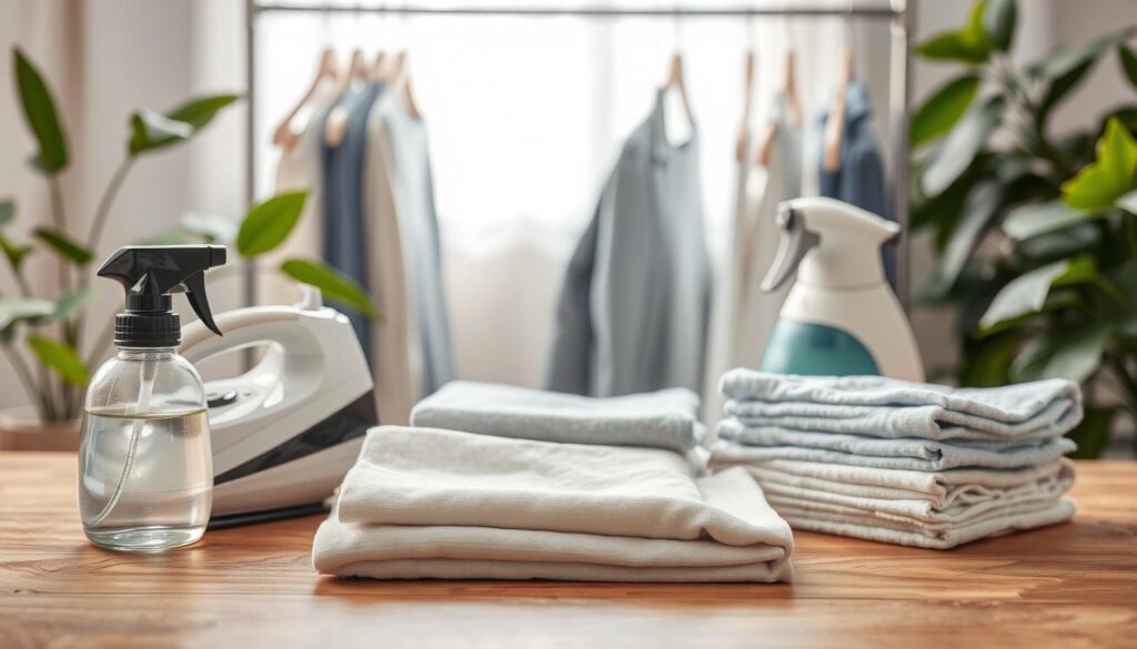 A well-lit, high-quality photograph of various garment care solutions neatly arranged on a wooden surface. In the foreground, an iron, spray bottle, and folded fabric samples. In the middle ground, a steamer and hangers. In the background, a clothes rack and fresh green leaves for a natural, relaxing ambiance. The lighting is soft and diffused, creating a warm, inviting atmosphere. The focus is sharp, capturing the intricate details of each item. The overall composition is balanced and visually appealing, showcasing the essentials for achieving a perfectly pressed and cared-for wardrobe.