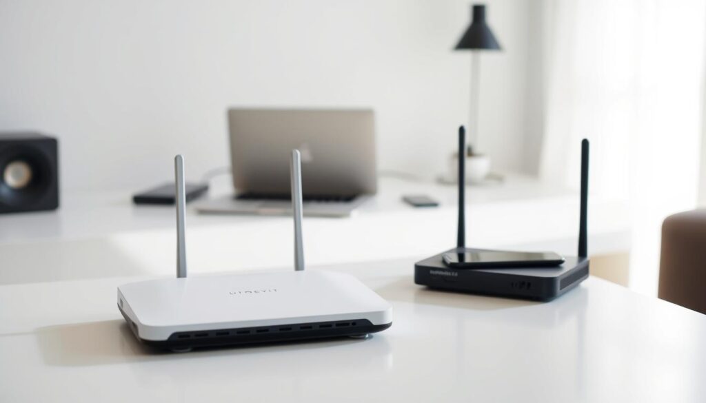 A well-lit, high-quality studio photograph showcasing a modern home broadband setup. In the foreground, a sleek, minimalist router and a compact modem sit on a clean, white table. Soft, diffused lighting illuminates the scene, casting gentle shadows and highlights that accentuate the devices' contours and textures. In the middle ground, a laptop and a smartphone are connected to the network, demonstrating the seamless integration of the setup. The background features a simple, uncluttered environment, allowing the focus to remain on the core components of the BYO (Bring Your Own) modem configuration. The overall tone is professional, informative, and visually appealing, suitable for an article on home broadband options.