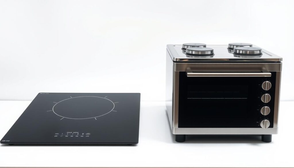 A well-lit, high-quality studio shot of an induction hob and a traditional electric cooker, positioned side-by-side on a sleek, modern kitchen countertop. The induction hob has a smooth, black glass surface, while the electric cooker features shiny metal elements and dials. Both appliances are shown from an angled, three-quarter perspective, allowing for a clear comparison of their distinct designs and features. The lighting is bright and evenly distributed, creating sharp shadows and highlights that accentuate the textures and materials of the two cooking units. The background is a simple, clean white or light gray, placing the focus entirely on the comparison between the induction hob and the electric cooker.
