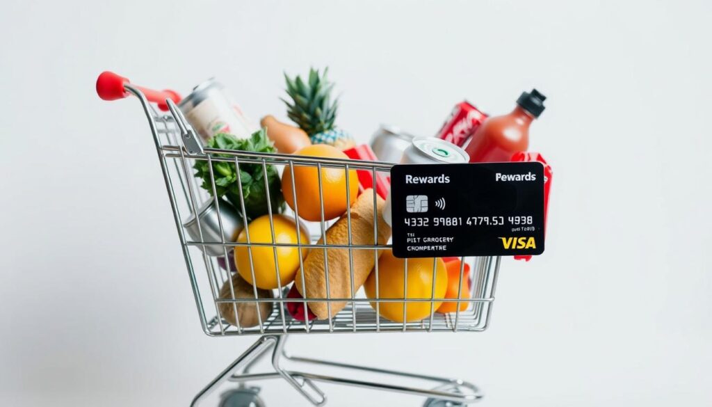 A well-lit, high-resolution image of a shopping cart filled with various grocery items, including fresh produce, canned goods, and household essentials. The cart is positioned against a clean, minimalist background, with a subtle gradient or solid color that complements the items. The lighting is natural and diffused, creating soft shadows and highlights that emphasize the textures and colors of the groceries. The overall composition is balanced and aesthetically pleasing, conveying a sense of organization and efficiency. In the foreground, a credit card or payment device is prominently displayed, along with a rewards program logo or label, indicating the focus on grocery shopping rewards.