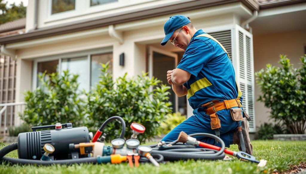 A well-lit, high-resolution image of an air conditioning service technician performing routine maintenance on a residential air conditioning unit. The technician is shown in the foreground, wearing a blue uniform and safety gear, focused on checking the refrigerant levels and cleaning the coils. In the middle ground, various tools and equipment are neatly arranged, including a vacuum pump, gauges, and a cleaning brush. The background depicts a modern, well-maintained home exterior with lush greenery, suggesting a pleasant, suburban setting. The overall scene conveys a sense of professionalism, attention to detail, and a commitment to providing reliable and affordable aircon servicing solutions.