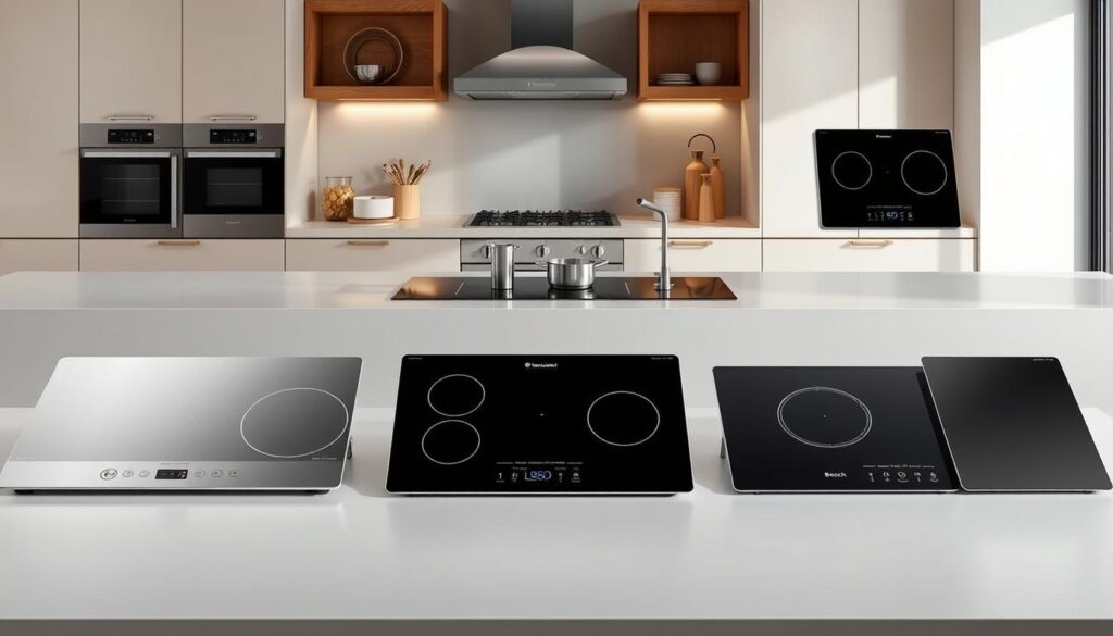 A well-lit, high-resolution image showcasing the top induction cooker brands in Singapore. The foreground features sleek, modern induction cooktops from leading brands like Bosch, Electrolux, and Panasonic, arranged in a visually appealing layout. The middle ground includes detailed product shots highlighting the key features and design elements of each model. The background depicts a clean, minimalist kitchen setting with stainless steel appliances and wooden accents, creating a sophisticated and aspirational atmosphere. The lighting is soft and natural, accentuating the sheen of the induction surfaces and bringing out the premium quality of the featured products. The overall composition conveys a sense of elegance, functionality, and the best-in-class induction cooking experience.