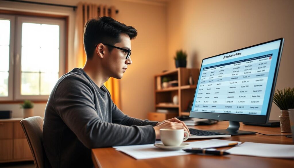 A well-lit home office scene with a person seated at a desk, intently studying various broadband plan options displayed on a laptop screen. Warm, natural lighting filters through a window, casting a soft glow over the space. The desk is neatly organized, with a cup of coffee, a few documents, and a pen nearby, suggesting a focused, thoughtful decision-making process. The background features neutral-toned walls and minimal decor, keeping the attention on the central figure and the laptop display. The overall atmosphere conveys a sense of consideration and careful evaluation of broadband plan details to find the most suitable option.