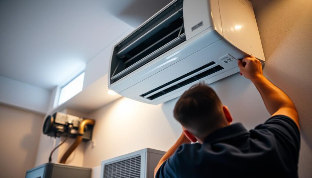 A well-lit indoor scene showcasing the installation process of an air conditioning unit. The foreground depicts a technician carefully mounting the indoor unit, highlighting the various components and steps involved. In the middle ground, the outdoor compressor unit is visible, with detailed connections and piping. The background features a neutral-toned wall, allowing the installation process to be the primary focus. Subtle ambient lighting from windows or recessed fixtures casts a warm, professional atmosphere, emphasizing the importance of proper air conditioning installation for optimal performance.
