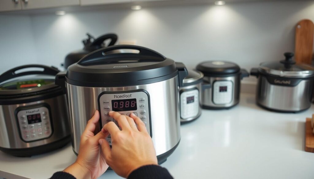 A well-lit kitchen counter with an array of rice cookers in various sizes and styles, showcasing their features and functionality. In the foreground, a person's hands carefully examining the control panel and digital display of a mid-sized, stainless steel rice cooker, evaluating its ease of use and convenience. The background features a clean, minimalist setting with subtle lighting, allowing the rice cookers to take center stage. The overall atmosphere conveys a sense of thoughtful consideration and decision-making, reflecting the section's focus on "How to Choose the Right Rice Cooker for Your Needs".