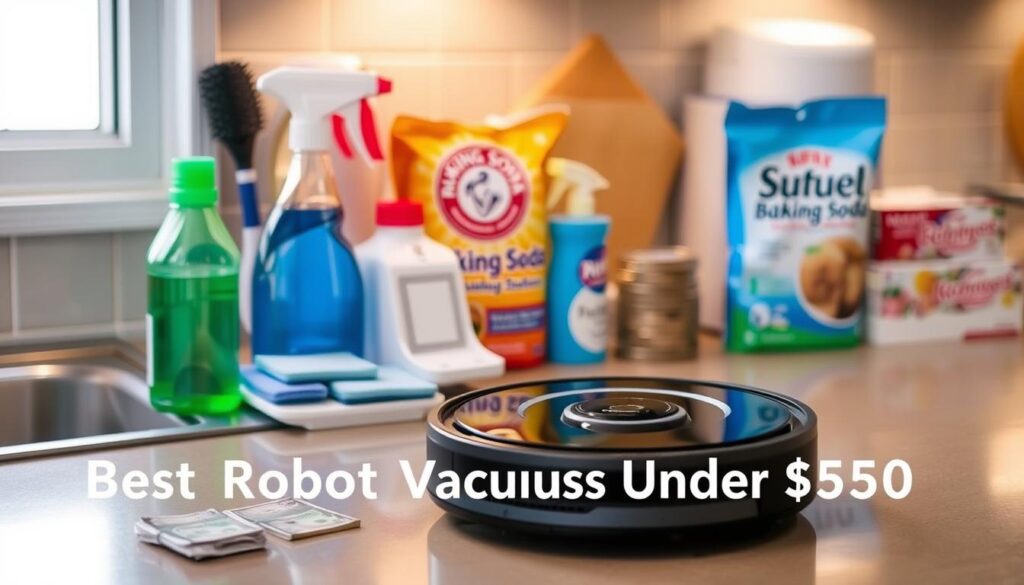 A well-lit kitchen countertop with a variety of budget-friendly cleaning supplies neatly arranged, including a spray bottle, sponges, a scrub brush, and a box of baking soda. In the foreground, a robotic vacuum cleaner stands ready, its sleek design and compact size suggesting a practical and affordable cleaning solution. The middle ground features a few stacks of bills and coins, hinting at the budget-friendly nature of the scene. The background is softly blurred, allowing the cleaning products and the robot vacuum to take center stage. The overall mood is one of efficiency, practicality, and cost-effectiveness, perfectly capturing the essence of "Best Robot Vacuums Under $500".