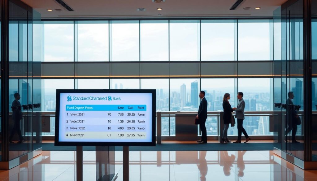 A well-lit, modern banking interior with sleek glass and steel accents. In the foreground, a prominently displayed digital screen showcases the current fixed deposit rates offered by Standard Chartered Bank. The screen is crisp and vibrant, presenting the rates in a clean, easy-to-read format. The middle ground features a few smartly dressed bank employees, engaged in friendly discussions with customers. The background is a panoramic view of the city skyline, visible through large windows, creating a sense of professionalism and financial stability. The overall mood is one of trustworthiness, reliability, and attention to detail, reflecting the bank's reputation for quality financial services.