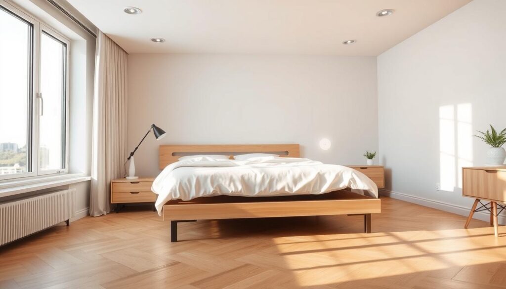 A well-lit, modern bedroom interior with a clean, minimalist aesthetic. The focal point is a space-saving bed frame, elevated from the ground and featuring a sleek, low-profile design. The frame is made of light-colored wood or metal, with an integrated headboard and ample storage space underneath. The bedding is crisp and simple, complementing the minimalist style. The room is flooded with natural light from large windows, casting a warm, inviting glow. Soft, indirect lighting fixtures provide additional illumination, creating a cozy and relaxing atmosphere. The overall composition emphasizes efficient use of space, highlighting practical solutions for small or compact living areas.