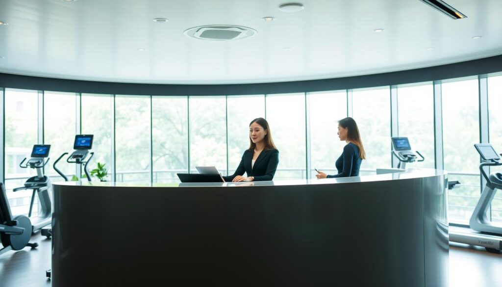 A well-lit, modern gym reception area in Singapore, with a sleek and minimalist design. A receptionist stands behind a curved counter, assisting a customer in the process of signing up for a membership. The customer's face is visible, but their identity is obscured. The background features floor-to-ceiling windows, allowing natural light to flood the space and creating a sense of openness. The overall atmosphere is professional, efficient, and welcoming, conveying the ease and convenience of the gym registration process.