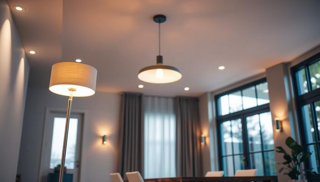 A well-lit, modern room showcasing various lighting solutions. In the foreground, a sleek, minimalist floor lamp casts a warm glow, complementing the soft ambient lighting from recessed ceiling fixtures. In the middle ground, a statement pendant light hangs above a wooden dining table, while wall sconces provide a cozy, task-oriented illumination. The background features a large window that floods the space with natural daylight, accentuating the harmonious interplay of artificial and natural lighting. The overall atmosphere is one of balanced, functional elegance, showcasing how thoughtful lighting design can transform a room.