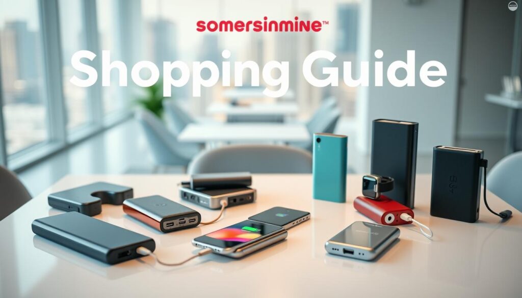 A well-lit, modern shopping guide showcasing various portable power banks on a clean, minimalist table. The foreground features an assortment of power banks in different shapes, sizes, and colors, arranged in an aesthetically pleasing manner. The middle ground depicts a smartphone, smartwatch, or other mobile device being charged by one of the power banks, highlighting their functionality. The background has a subtle, blurred cityscape or office environment, conveying a sense of utility and practicality. The lighting is soft and natural, creating a warm, inviting atmosphere that accentuates the products. The overall composition is balanced, with a focus on the power banks as the main subject, showcasing them as desirable and essential accessories for the modern, on-the-go lifestyle.